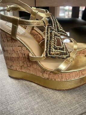 Lauren Ralph Lauren Gold Beaded Cork Wedge Sandals